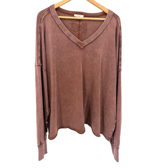 easel Tops - Easel Los Angeles Washed Mauve V-Neck Long Sleeve Top Pullover Casual Relaxed L